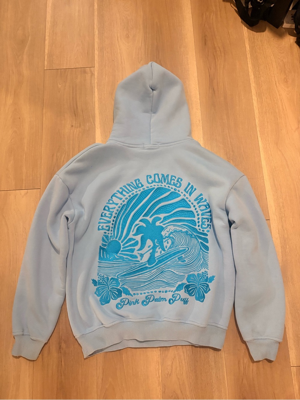 Pink Palm Puff Light Blue Palm Tree Hoodie - Picture 2 of 5